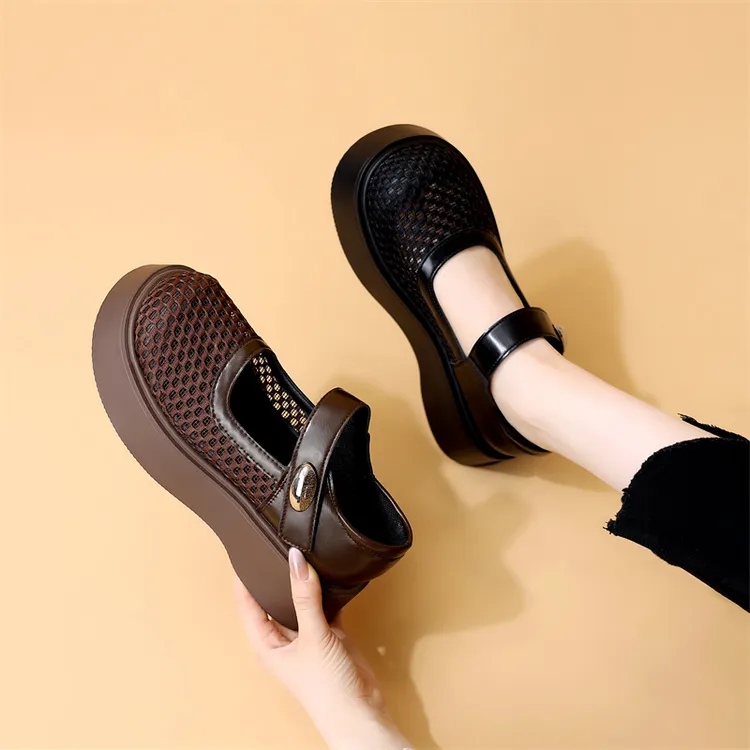 镂空编织透网乐福鞋女2025春夏新款玛丽珍一字扣带浅口厚底女单鞋