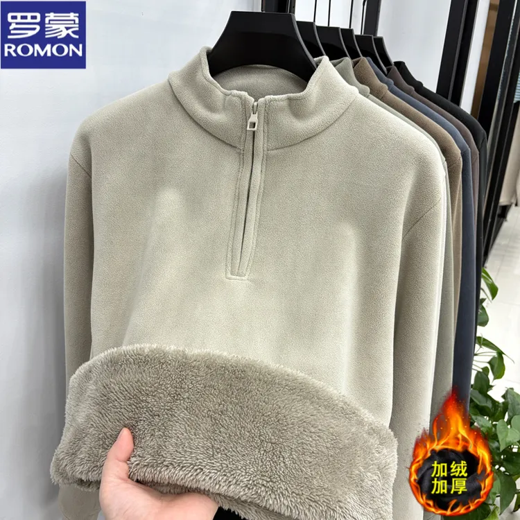罗蒙冬季加绒加厚卫衣男士半拉链立领中青年羊羔绒打底衫特厚保暖