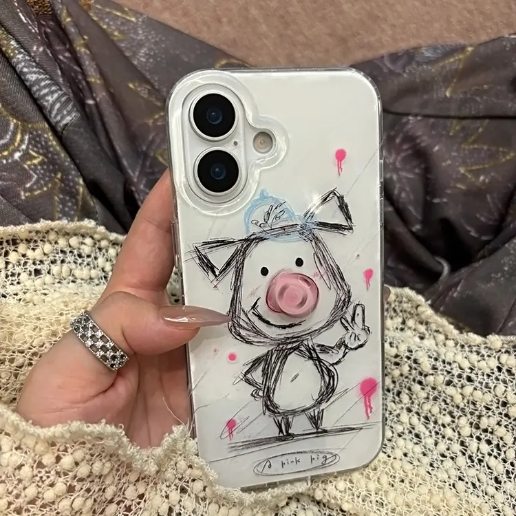 素描比耶小猪旋转鼻子适用iPhone16苹果手机壳华为vivo小米15oppo