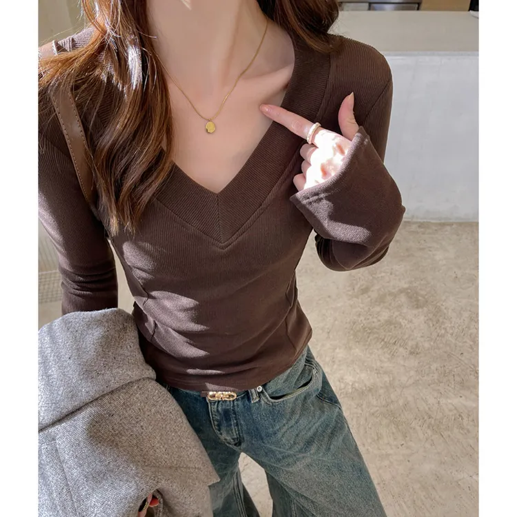 美式大V领德绒螺纹磨毛打底衫女内搭秋冬季修身网红洋气炸街女装