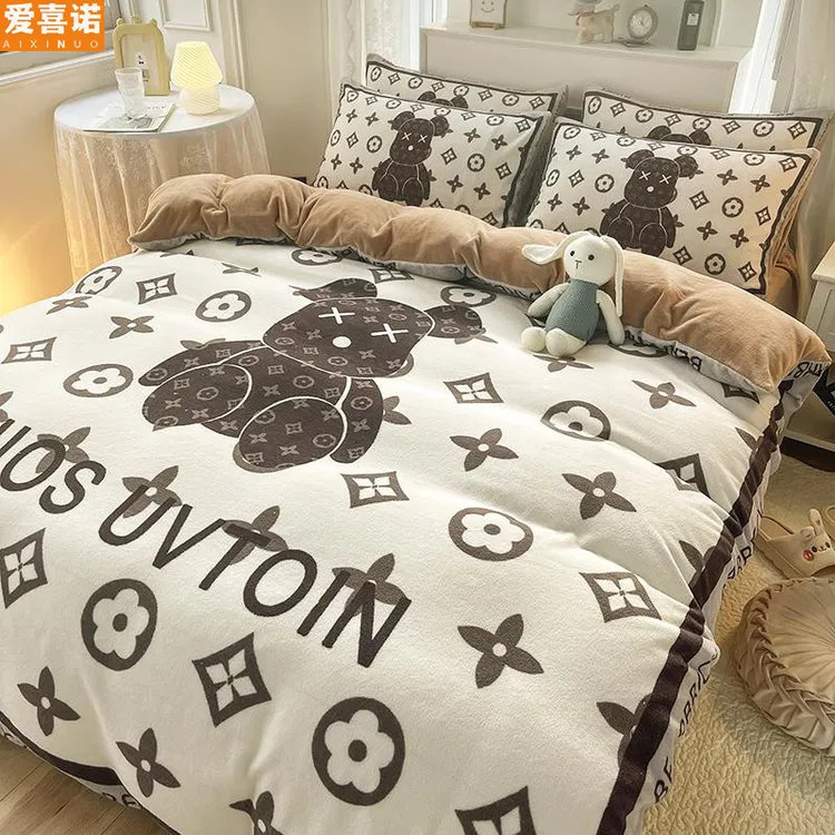 加厚冬季牛奶绒四件套床上用品轻奢风珊瑚绒法兰绒被套床单三件套