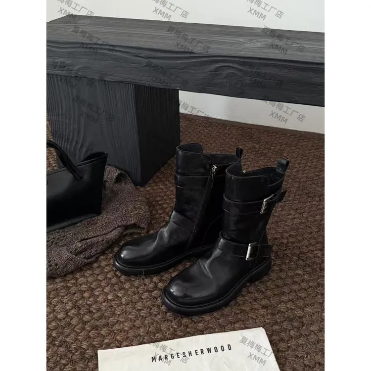 XMM【牛皮矮靴】英伦风粗跟短靴中跟休闲风女士圆头真皮时尚X988-20