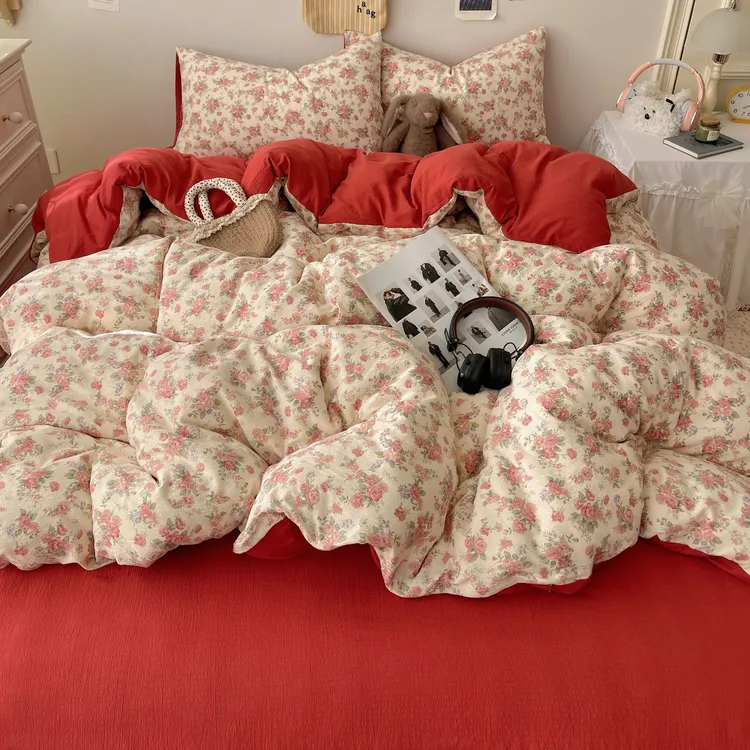 A类小清新云感双层纱印花四件套邹邹纱宿舍三件套单双人床上用品 