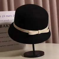 赫本风蝴蝶结全毛呢渔夫帽子女秋冬法式复古小沿盆帽优雅名嫒礼帽