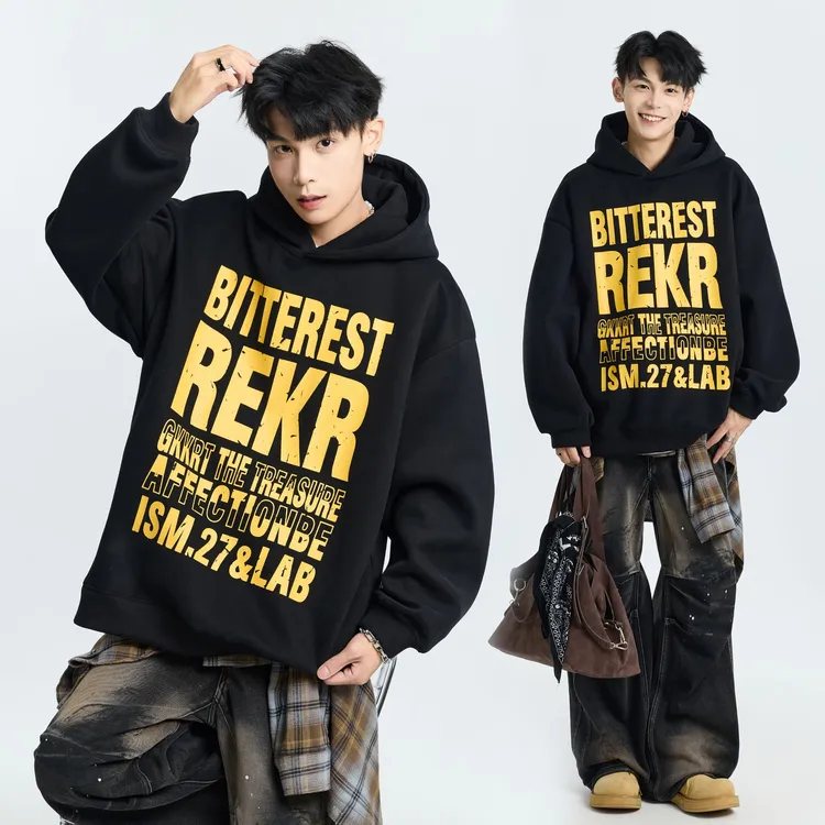 秋冬重磅420g连帽卫衣男高街满印做旧印花潮牌宽松长袖外套设计感