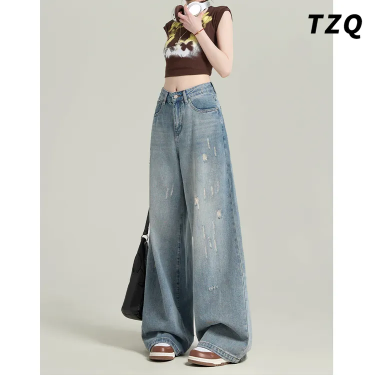 浅色破洞牛仔裤女款爆款2025新款秋季厚款高腰显瘦宽松阔腿裤子