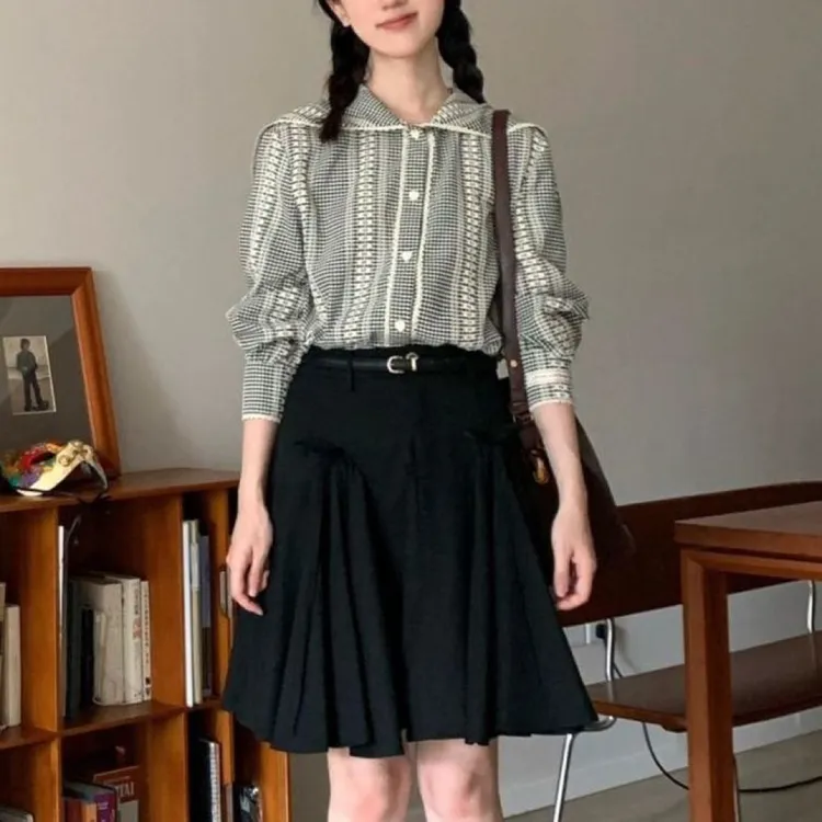 学院风套装女春秋复古减龄格子海军领长袖衬衫蝴蝶结半身裙两件套