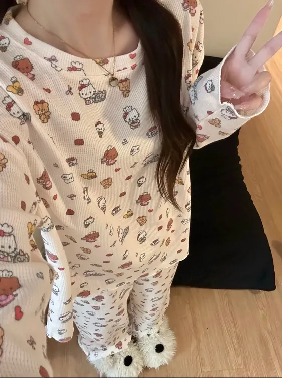 韩版春秋针织棉螺纹舒适卡通猫咪睡衣女款奶油长袖长裤家居服套装