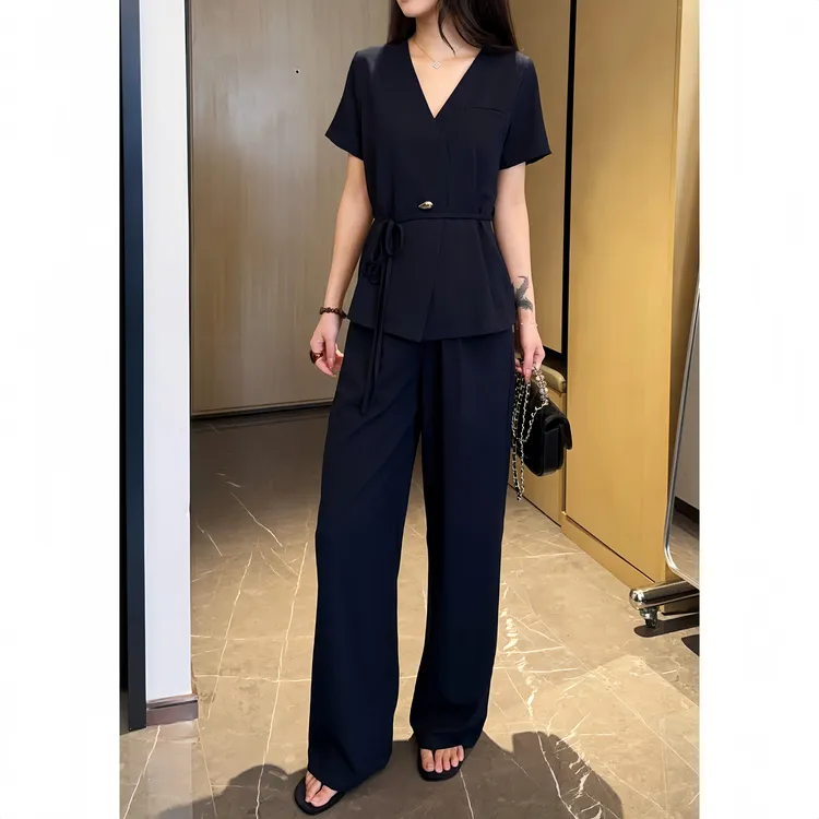 【XINRU心如】时尚套装女收腰显瘦短袖上衣宽松阔腿裤休闲两件套