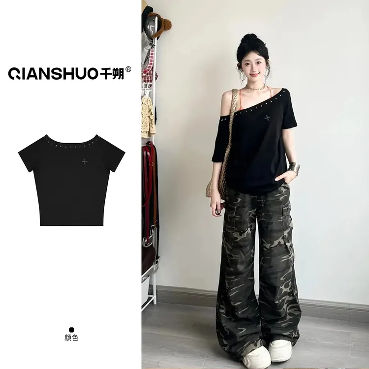 千朔铆钉款韩系辣妹穿搭慵懒风斜肩短袖t恤女设计感宽松百搭上衣