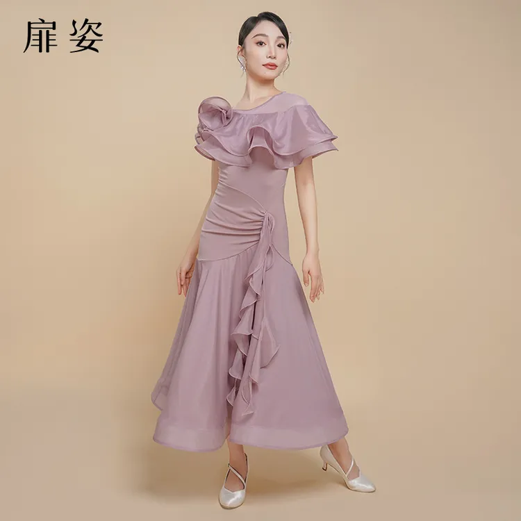 扉姿 新款摩登舞裙女洋气华尔兹交谊舞裙短袖大摆跳舞连衣裙F3051