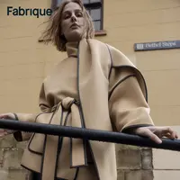 Fabrique【左岸咖啡】马萨拉茶色绵羊毛山羊绒双面呢配围巾短款大衣