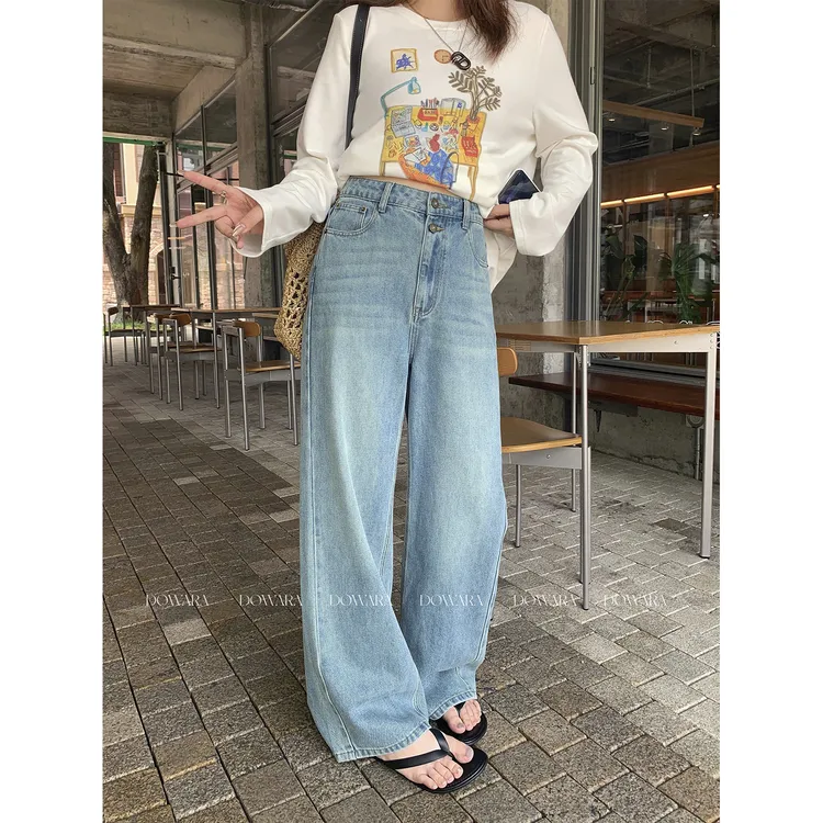 现货大婉酱微胖定制【氧气长腿裤】韩系双扣直筒裤高腰牛仔裤 8911D