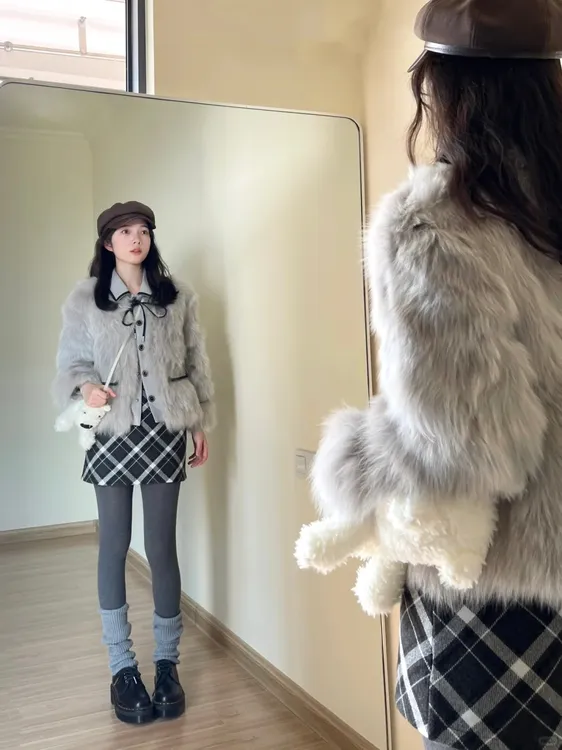 秋冬穿搭一整套女韩系学院风复古皮毛一体外套格纹半身裙气质套装