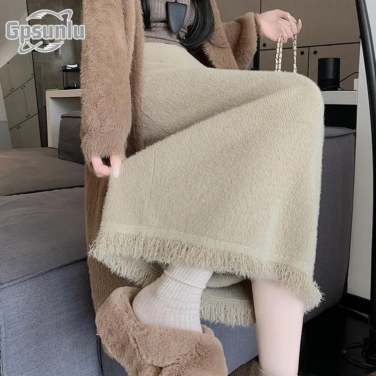 gpsunlu针织半身裙女秋冬款小个子高腰时尚气质休闲中长版包臀裙