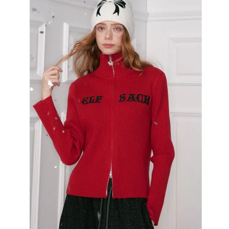 妖精的口袋高领字母针织开衫女2025年冬新款修身圣诞穿搭红色上衣