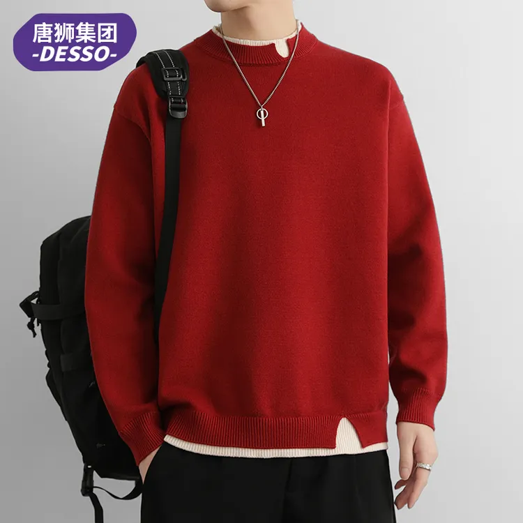 唐狮旗下DESSO秋冬季假两件圆领毛衣男潮牌休闲保暖红色线衣外套