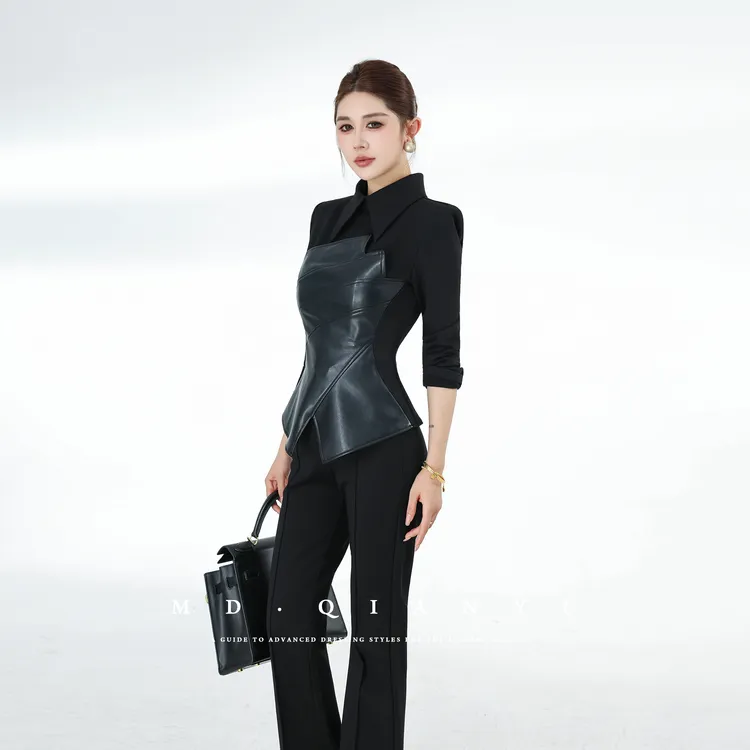 MD定制·杨千亿【潮流前线】2025冬季新款时尚百搭气质长袖收腰皮衣