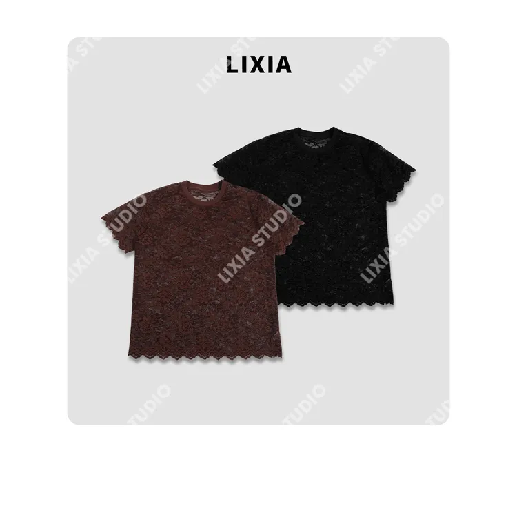 LIXIA【暗花迷蝶】水溶蕾丝慵懒感设计师时尚蕾丝感T恤-D8693