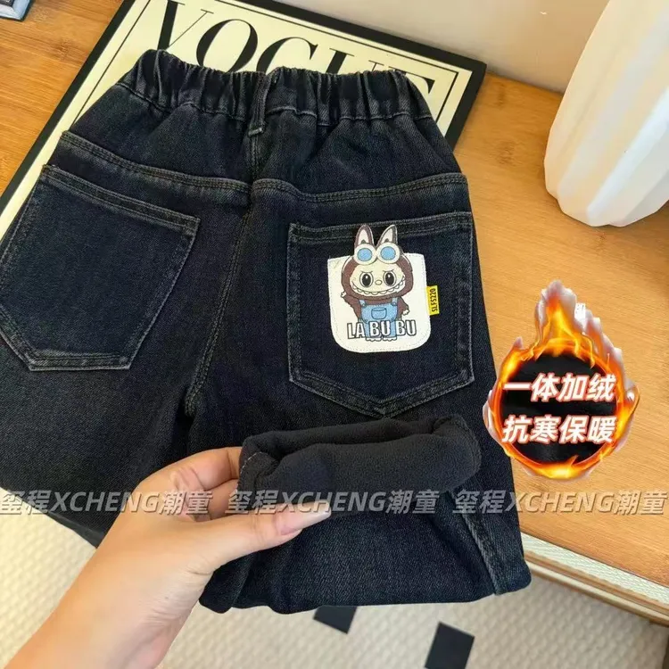 冬款男女童儿童保暖一体加绒加厚时尚百搭韩版牛仔长裤冬季新款