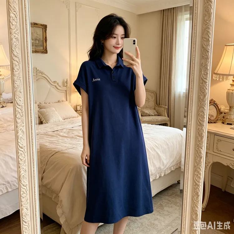 【Annie 251】夏季polo领annie刺绣时尚气质连衣裙宽松大码显瘦长裙