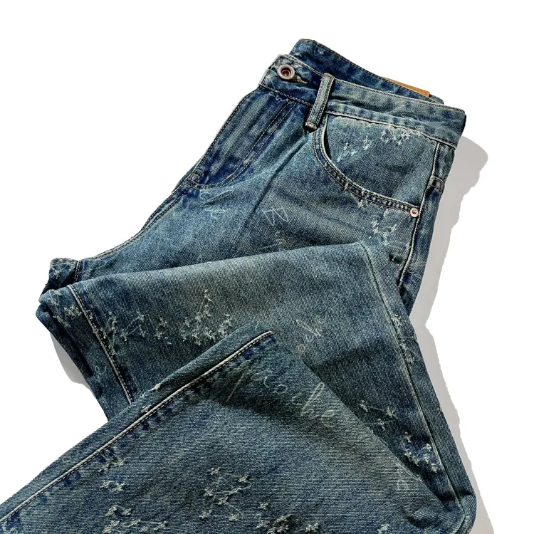 个性vibe复古做旧字母刮烂阔腿牛仔裤男潮牌痞帅宽松直筒大码长裤