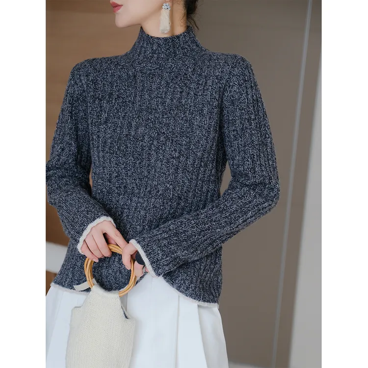 麻霖复古羊毛显瘦竖条纹立体灰白绞花中高领针织衫保暖毛衣毛衫