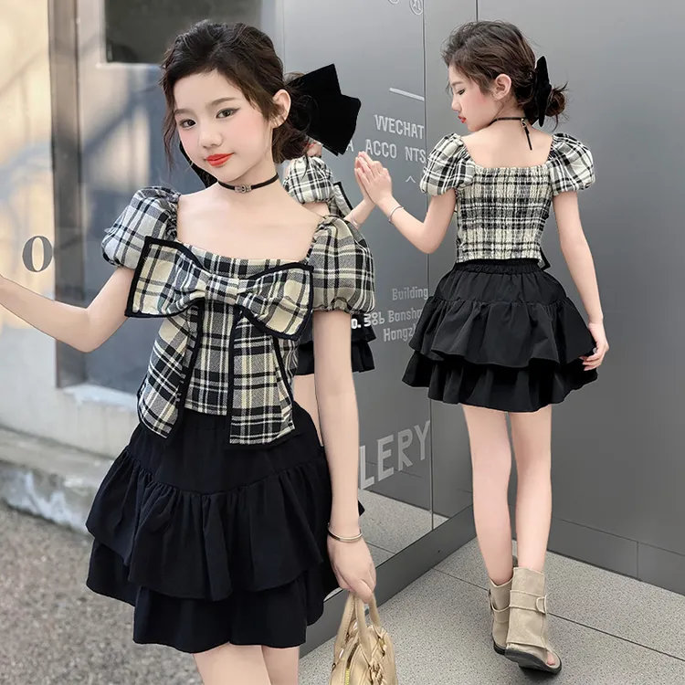 女童套装2025新款学院风蝴蝶结泡泡袖上衣蛋糕蓬蓬半身裙两件套