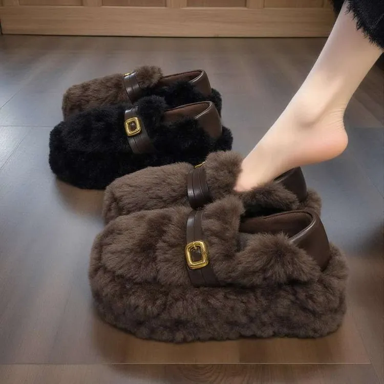 羊羔绒毛毛鞋女2025新款冬季皮带扣厚底外穿加绒保暖阔腿裤必备鞋