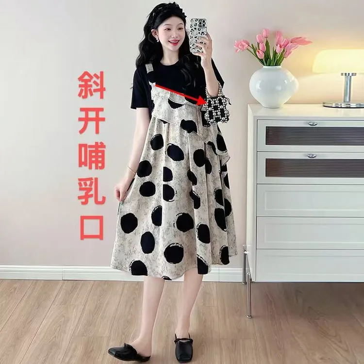 实拍现货哺乳夏装新款波点拼接设计感假两件短袖大码连衣裙