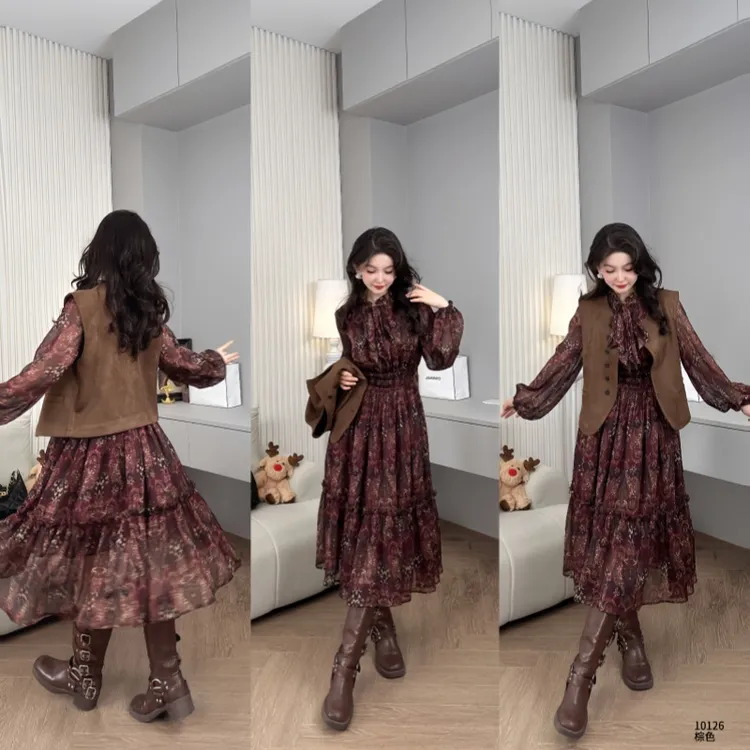Saeda品牌女装复古法式温柔风显瘦连衣裙马甲两件套YF10126