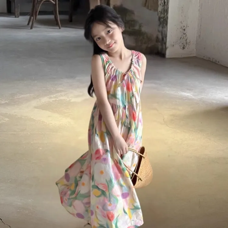 女童连衣裙2025夏季小女孩油画风大花背心裙子儿童夏装度假风长裙