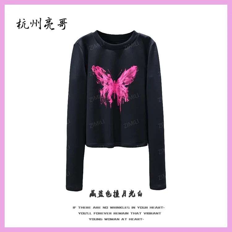 【亮哥女装】2025秋冬新品《玫粉蝶影》午夜黑蝴蝶印花打底衫1889-A1