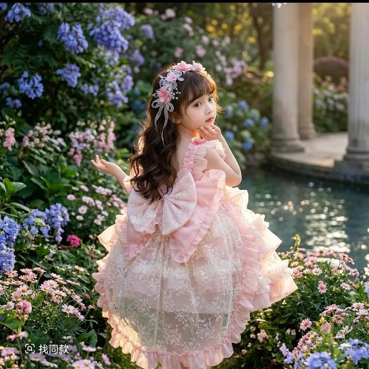 女童夏季新款洛丽塔碎花蓬蓬公主裙洋气宝宝甜美周岁生日礼服裙