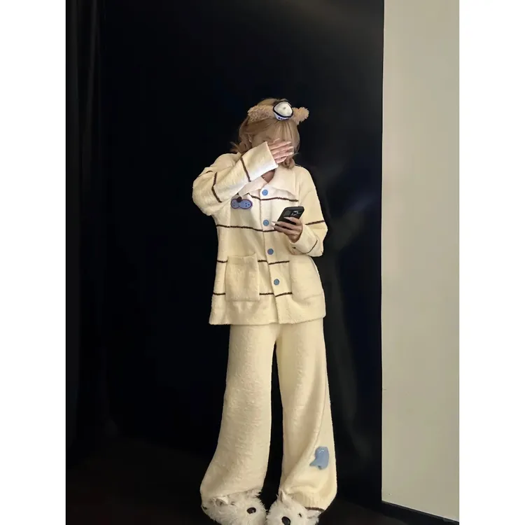 【DMXJ大梦想家】可爱韩系卡通慵懒风针织睡衣女冬季半边绒保暖套装