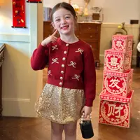 栀了成长记童装女童红色针织上衣2025冬季儿童蝴蝶结亮片毛衣开衫