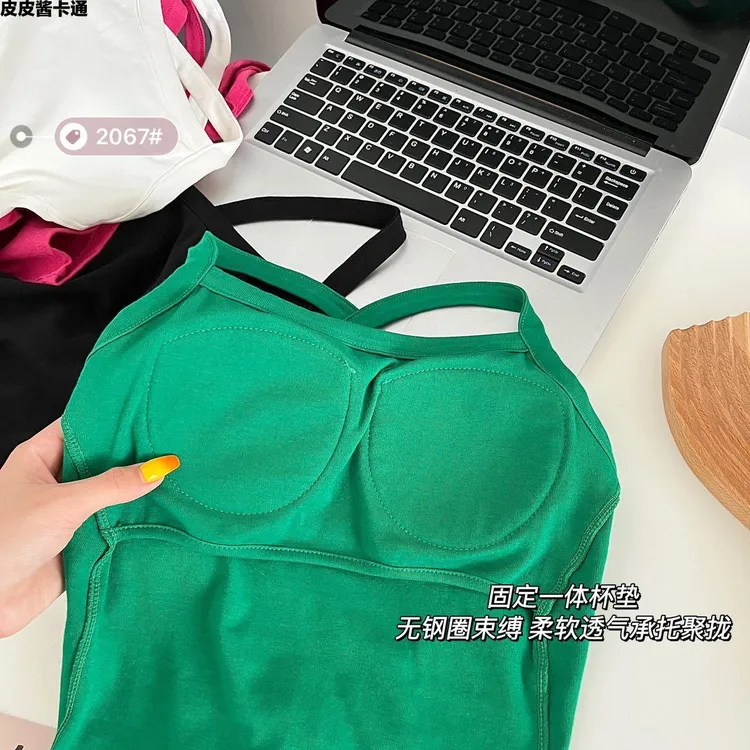 甜辣风设计感交叉绑带绿色吊带背心女夏季新款露背外穿美背小上衣