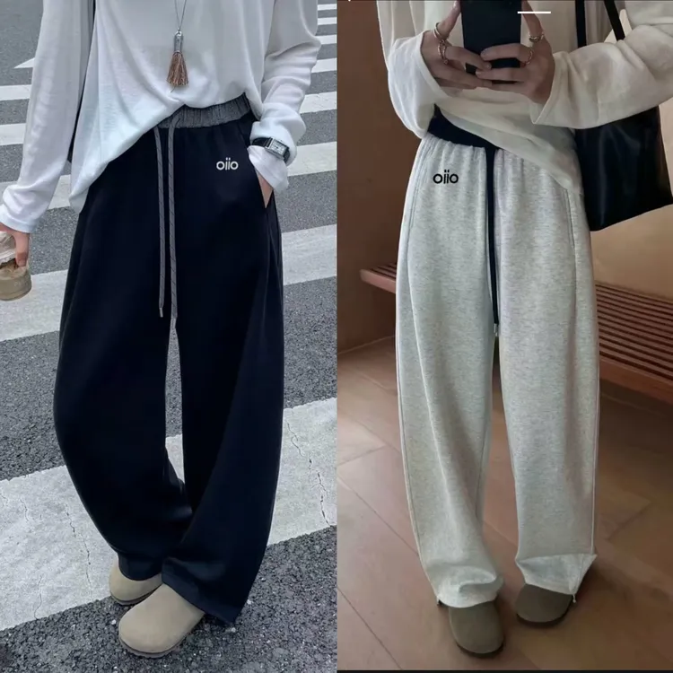 【升级版】刺绣小标云感织带裤高定马卡龙美式无痕腰休闲弯刀阔腿裤