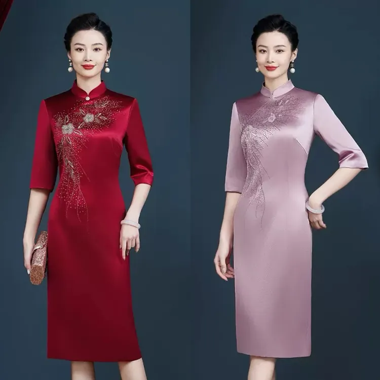 【高定礼服裙】小个子喜妈妈不开叉改良旗袍裙婚宴礼服喜婆婆敬酒Y