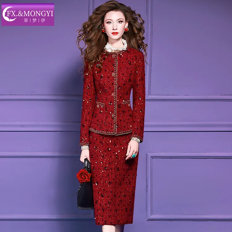 菲梦伊红色亮片小香风套装女秋冬季名媛毛呢外套包臀半裙67152