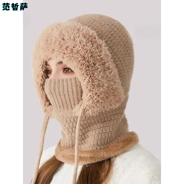 针织帽女冬季加绒加厚防寒帽子围脖口罩一体连体保暖帽户外骑行帽