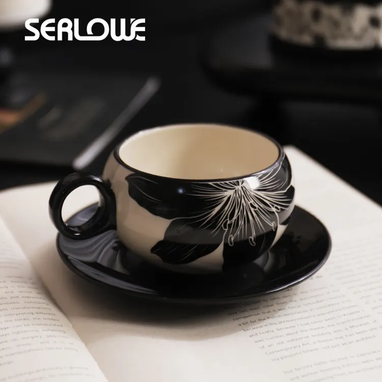 高级感复古风百合陶瓷咖啡杯纯手工小众家用早餐下午茶聚会咖啡杯