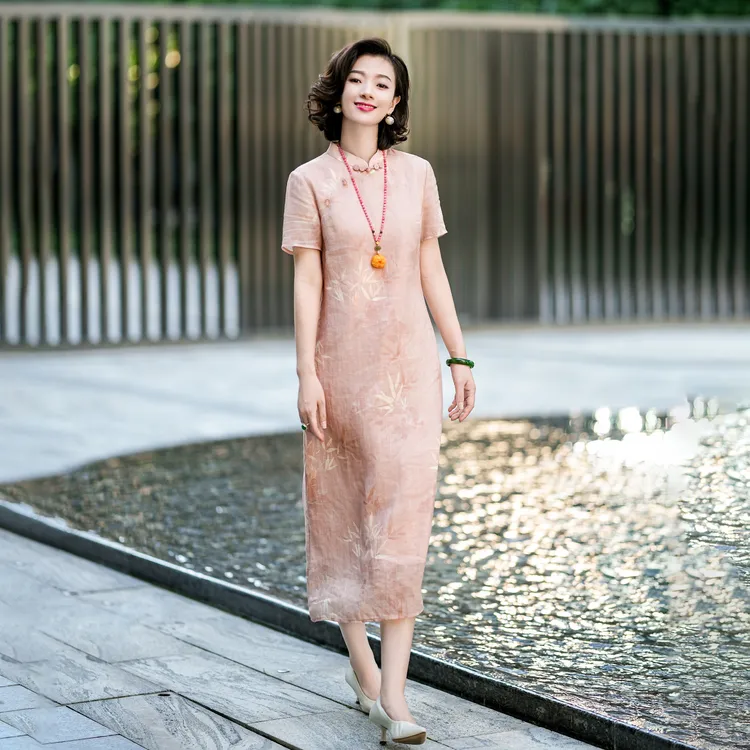 西子/【竹林间】天然苎麻棉立领斜襟竹叶透气收腰显瘦旗袍/QPTJ111