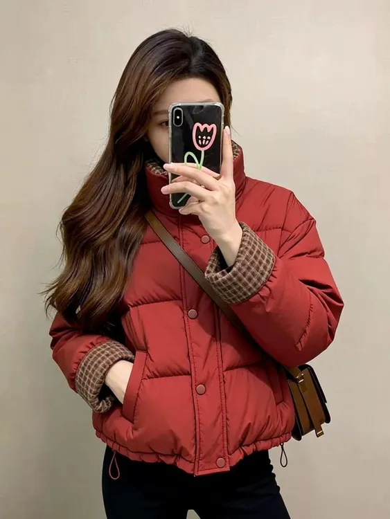 红色格纹翻袖棉服外套冬季新款复古时尚超显白气质时尚长袖上衣女