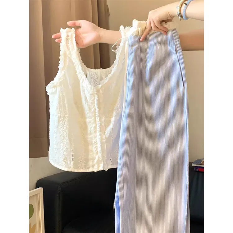夏季新款ins白色吊带背心上衣套装女韩系显瘦条纹阔腿裤两件套装