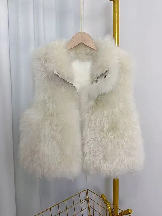 晴山暮雪  冬日保暖 软黄金山羊绒羊毛一体百搭立领皮草马甲外套