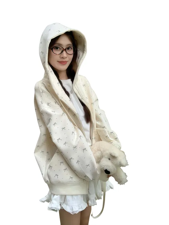 碎花杏色甜美复古连帽卫衣春秋韩系休闲拉链宽松校园慵懒开衫外套