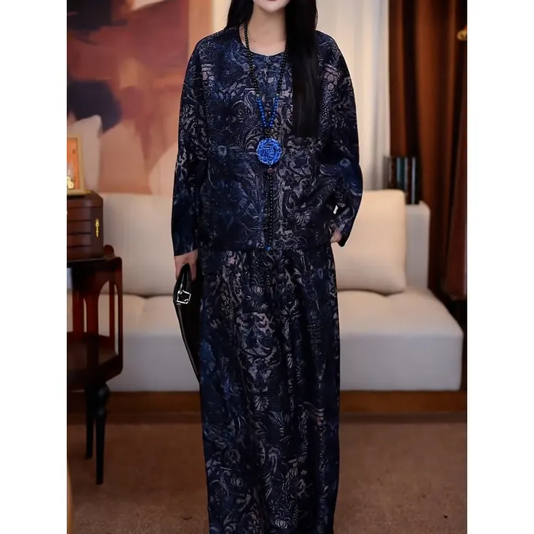 复古文艺风印花裤套装2025秋季新款时尚洋气宽松遮肉衬衫+阔腿裤