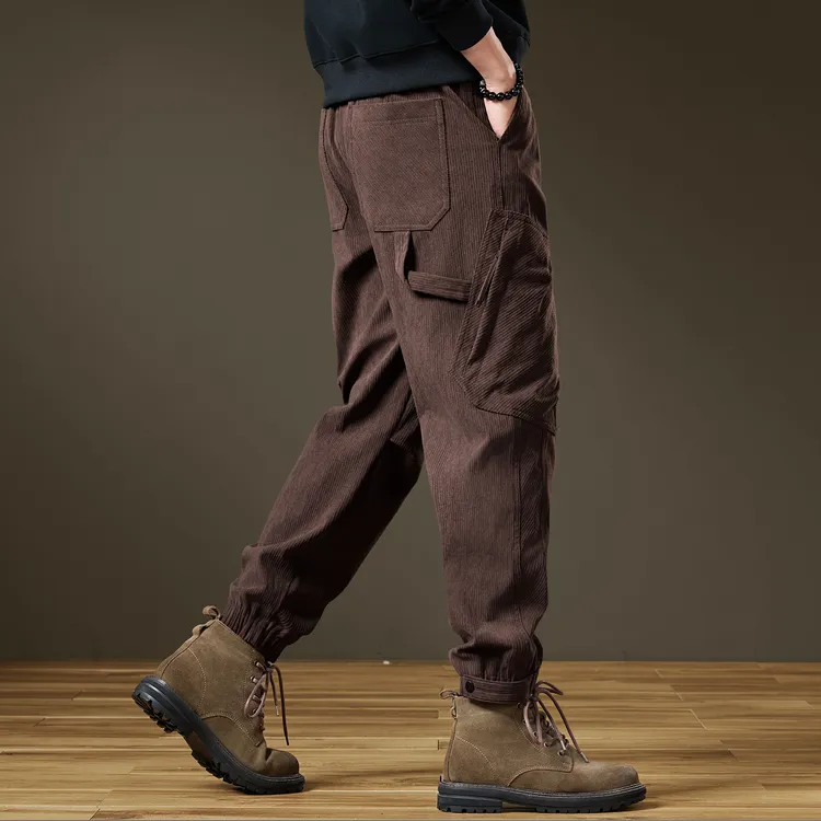 美式潮牌灯芯绒工装裤男2025秋冬新款宽松束脚休闲雪尼尔加绒卫裤