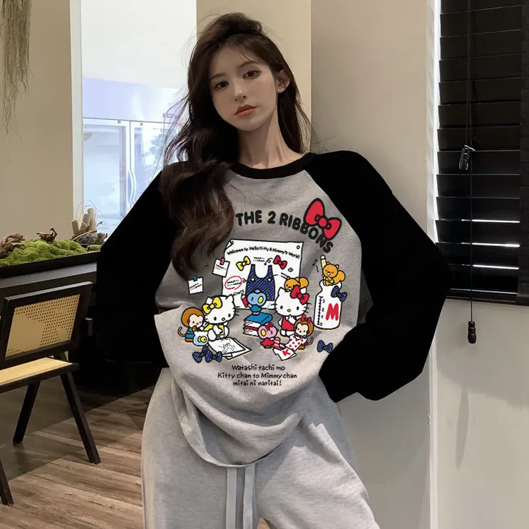 港风insKT猫纯棉打底衫潮牌百搭t恤秋冬洋气女装纯棉长袖情侣装